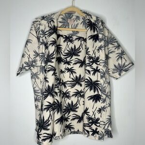 STO Men's‎ Linen Cotton Hawaiian Shirt Palm Tree Print Beige Black Size L